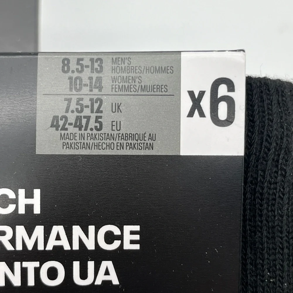 Under Armour Socks Unisex Large Black Performance Tech Crew 5 Pair 1386242-003